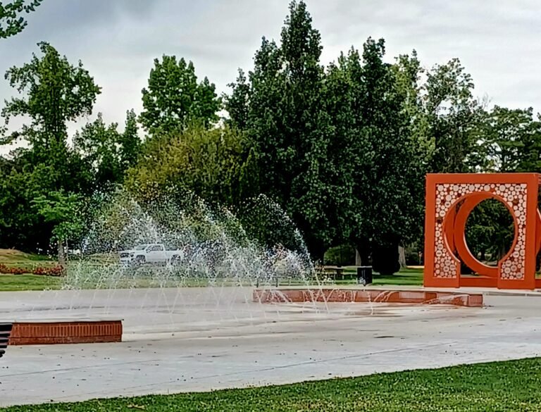 Ann Morrison Park Splash Pad. Water spraying upward with trees and grass.