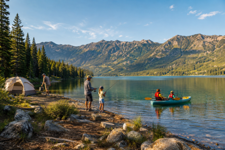 Family camping, fishing, and kayaking beside a mountain lake in Idaho.