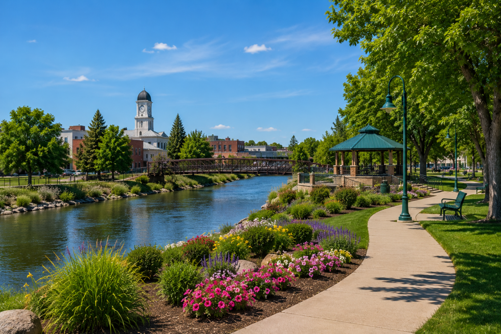 Scenic Caldwell Idaho creekside park with walking path, flowers, trees, gazebo, and downtown buildings