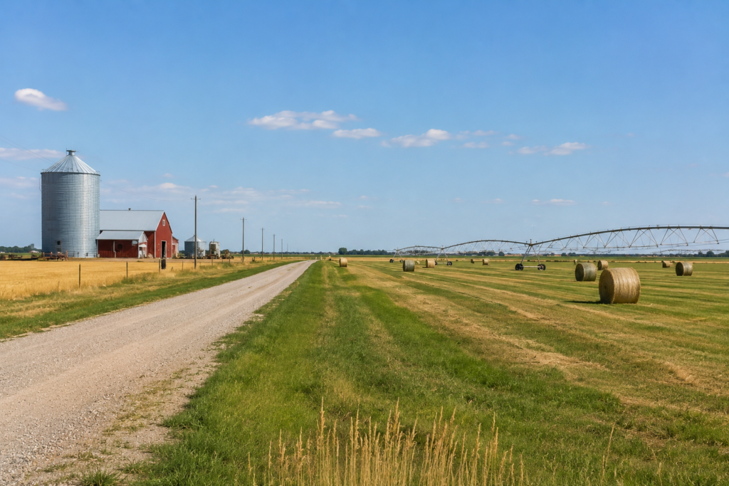 Rural Notus, Idaho farmland with a red barn, grain silo, hay bales, irrigation equipment, and a gravel country road under a blue sky.