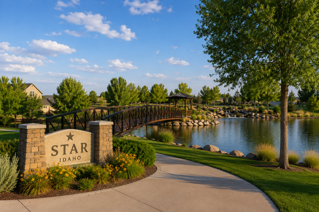 Scenic park in Star, Idaho with a riverside walking path, gazebo, bridge, landscaped flowers, trees, and welcoming park entrance.