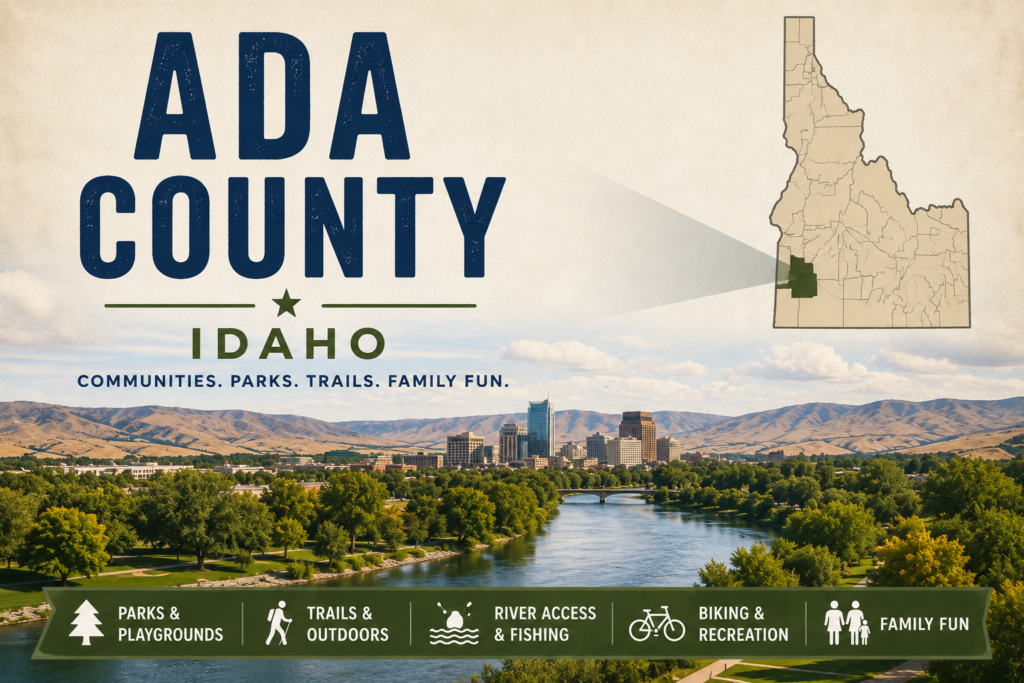 Ada County, Idaho promotional image featuring a Boise River landscape, city skyline, foothills, and an Idaho map highlighting Ada County.