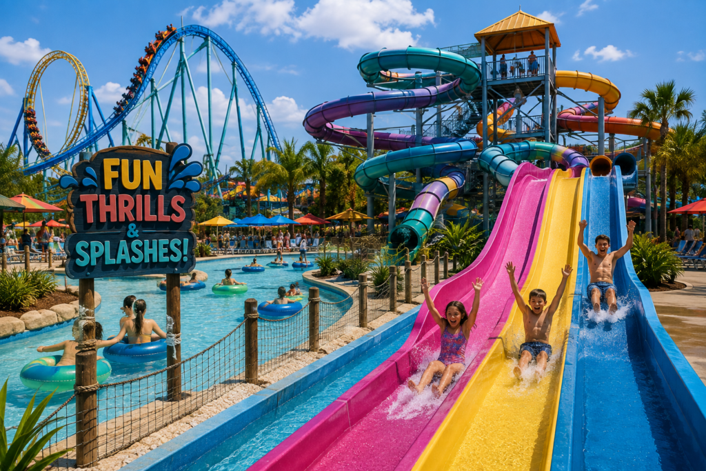 Families enjoying colorful water slides, a lazy river, and amusement park rides on a sunny day.