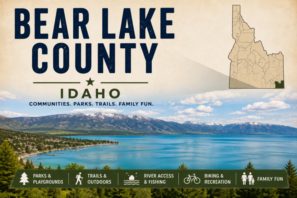 Bear Lake County Idaho promotional image featuring turquoise Bear Lake, surrounding mountains, highlighted Bear Lake County map, and family recreation icons.