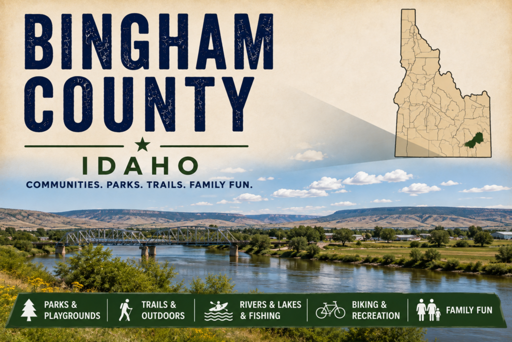 Bingham County Idaho promotional image featuring the Snake River, bridge, rolling eastern Idaho landscape, highlighted Bingham County map, and family recreation icons.