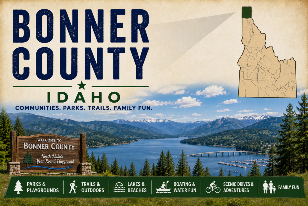 Bonner County Idaho promotional image featuring Lake Pend Oreille, forested mountains, highlighted Bonner County map, and family recreation icons.