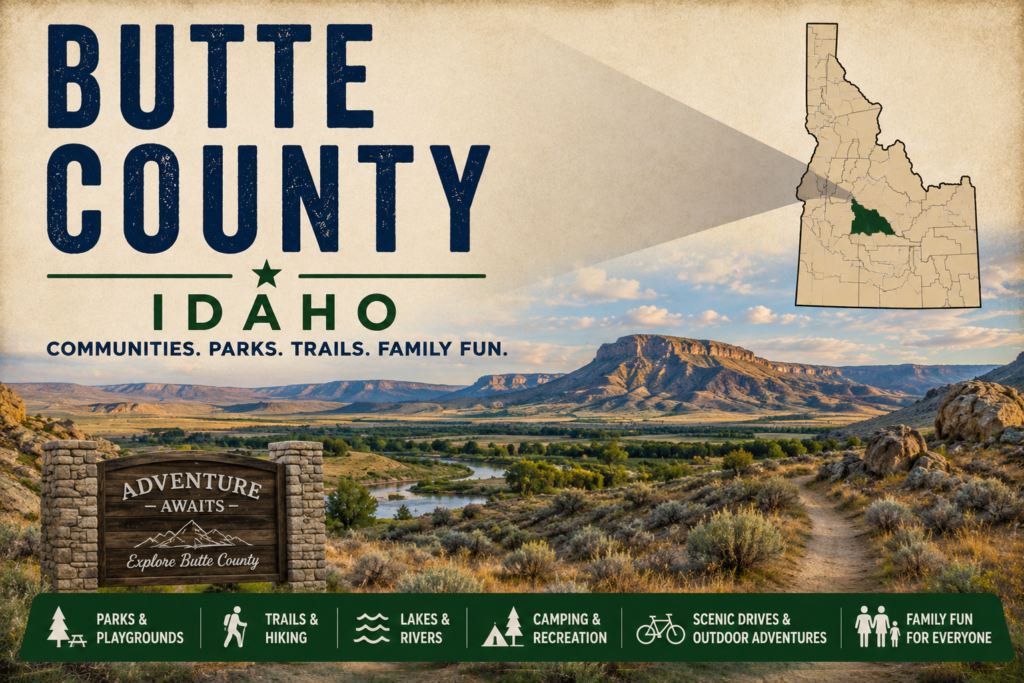 Butte County Idaho promotional image featuring high-desert terrain, rocky mesas, a river valley, highlighted Butte County map, and family recreation icons.