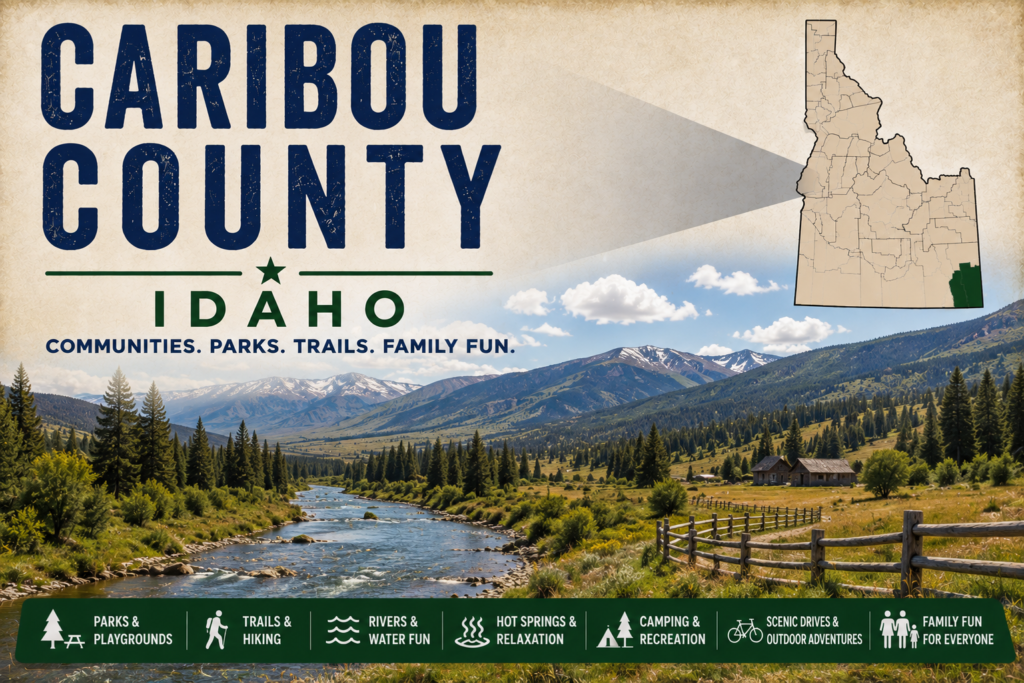 Caribou County Idaho promotional image featuring a scenic mountain valley, river, forested slopes, highlighted Caribou County map, and family recreation icons.