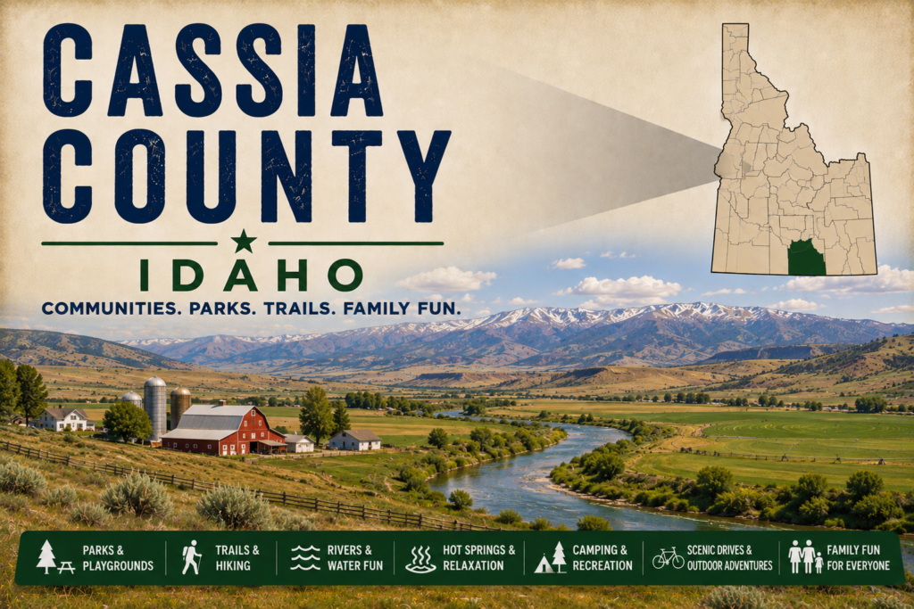Cassia County Idaho promotional image featuring farmland, rolling hills, the Snake River, distant mountains, highlighted Cassia County map, and family recreation icons.