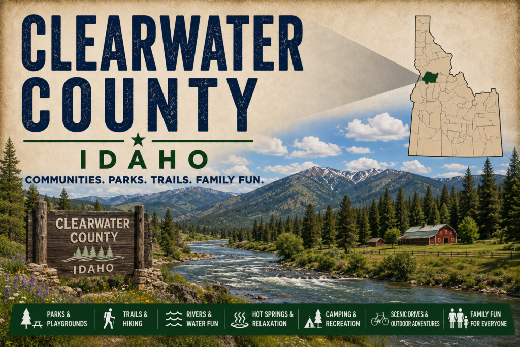 Clearwater County Idaho promotional image featuring a forested river valley, mountain scenery, rustic farmland, highlighted Clearwater County map, and family recreation icons.