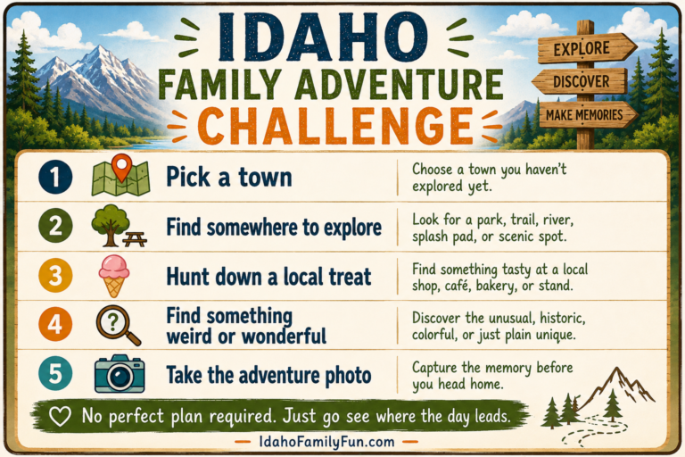 Idaho Family Adventure Challenge with five steps to choose a town, explore, find a local treat, discover something unusual, and take an adventure photo