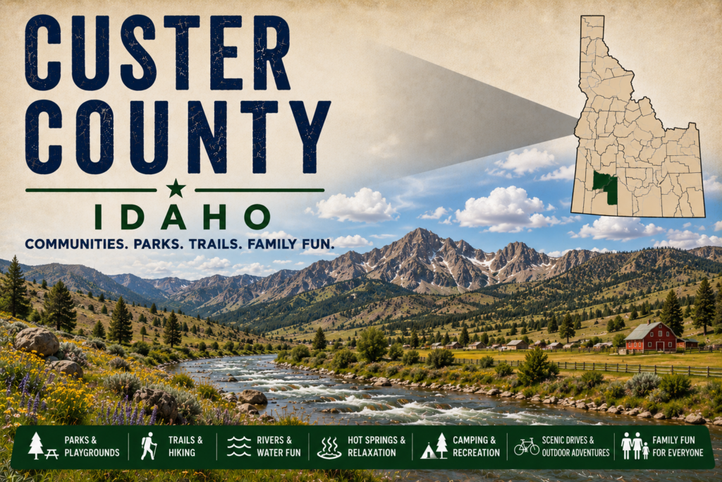 Custer County Idaho promotional image featuring a mountain river valley, wildflowers, forested slopes, distant rugged peaks, highlighted Custer County map, and family recreation icons.