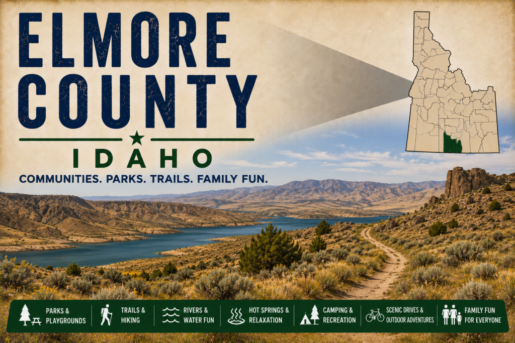 Elmore County Idaho promotional image featuring a high-desert reservoir, sagebrush-covered hills, rocky terrain, highlighted Elmore County map, and family recreation icons.