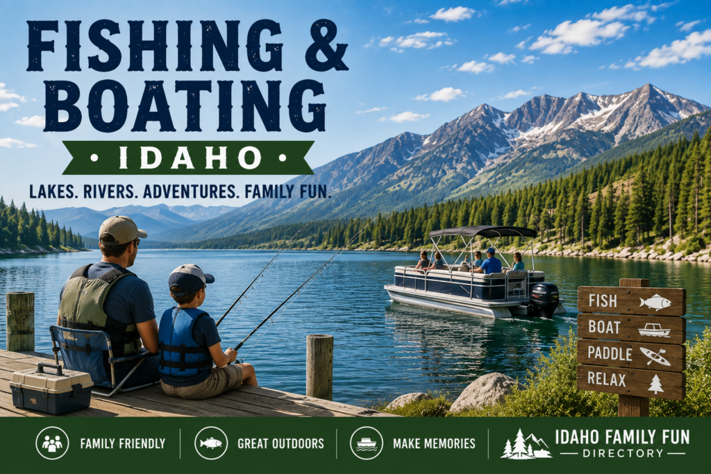 Family fishing and boating on a scenic Idaho mountain lake with anglers, a pontoon boat, and outdoor recreation.