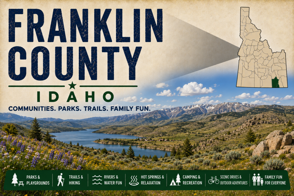 Franklin County Idaho promotional image featuring a scenic reservoir, mountain valley, rocky hillsides, highlighted Franklin County map, and family recreation icons.