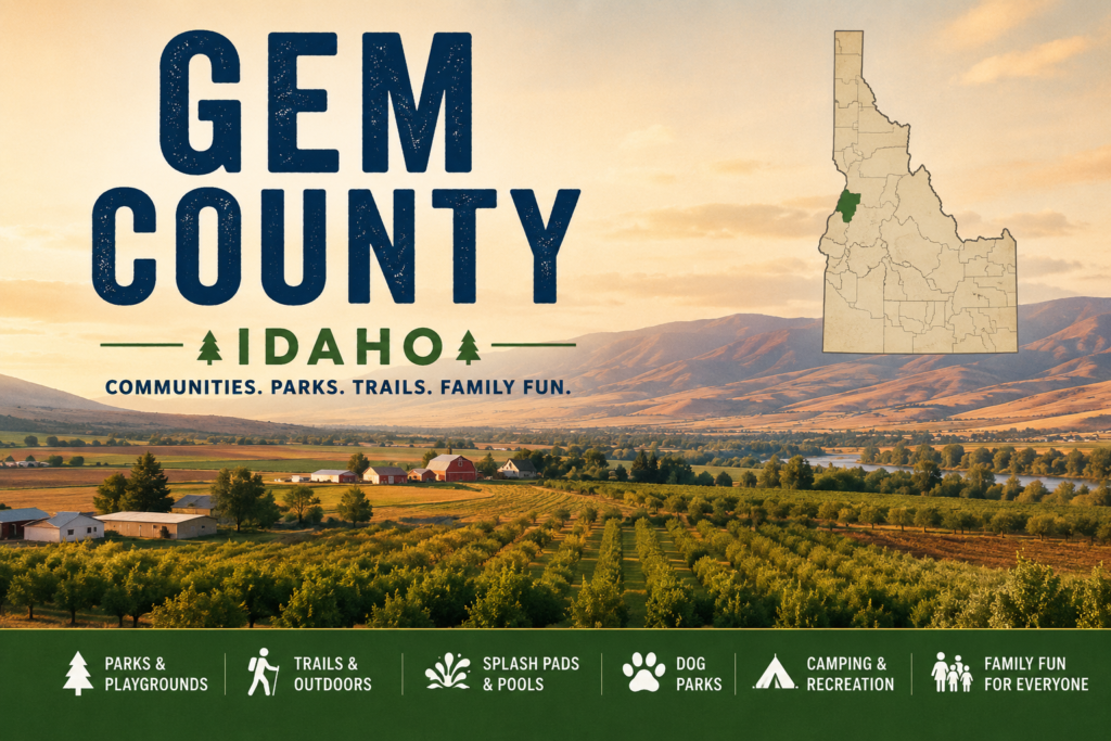 Gem County, Idaho landscape with orchards, farmland, river, foothills, and county map highlighting Gem County