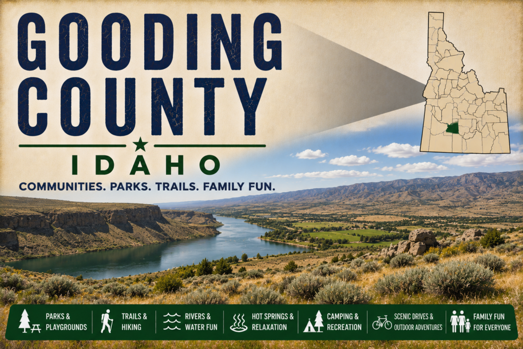 Gooding County Idaho promotional image featuring a scenic river canyon, farmland, rolling hills, highlighted Gooding County map, and family recreation icons.