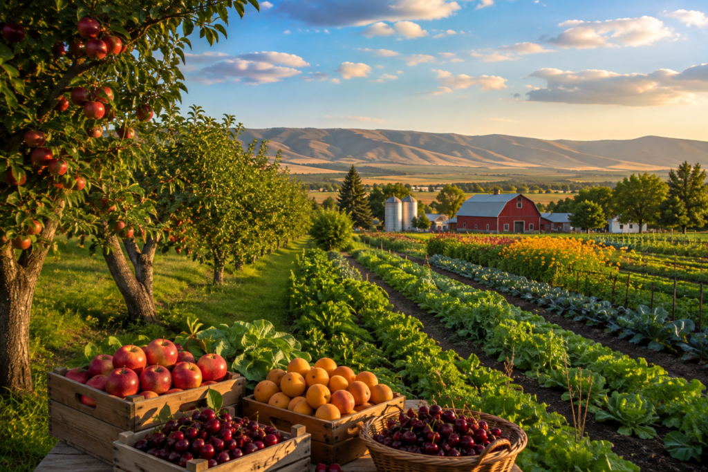 Greenleaf, Idaho orchard and farm with apple, cherry, and apricot trees, fresh produce, vegetable rows, a red barn, and silos at sunset.
