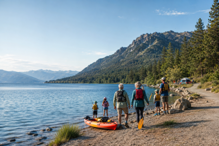 A multigenerational family wearing life jackets walks along a scenic Idaho lakeshore with a kayak, fishing gear, evergreen forest, mountains, and a small campsite in the distance.