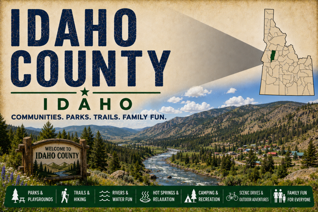 Idaho County Idaho promotional image featuring a forested mountain river valley, small rural communities, highlighted Idaho County map, and family recreation icons.