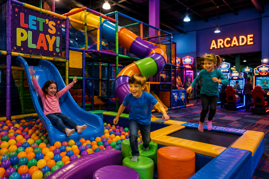 Children enjoying slides, a ball pit, trampolines, and arcade games at a colorful indoor play center.