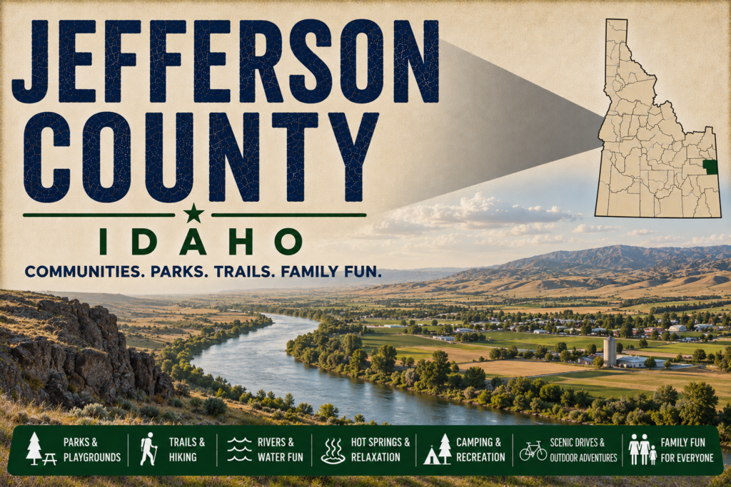 Jefferson County Idaho promotional image featuring the Snake River, agricultural farmland, rolling eastern Idaho hills, highlighted Jefferson County map, and family recreation icons.