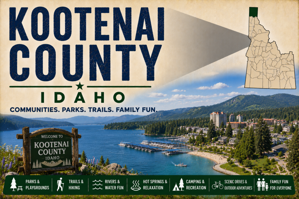 Kootenai County Idaho promotional image featuring Lake Coeur d’Alene, a marina and beach, forested hills, highlighted Kootenai County map, and family recreation icons.
