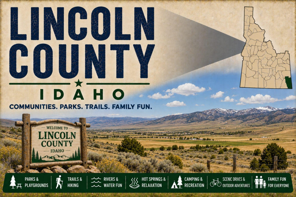 Lincoln County Idaho promotional image featuring high-desert farmland, sagebrush, rolling hills, distant mountains, highlighted Lincoln County map, and family recreation icons.