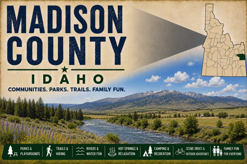 Madison County Idaho promotional image featuring a scenic river valley, wildflowers, farmland, distant mountains, highlighted Madison County map, and family recreation icons.