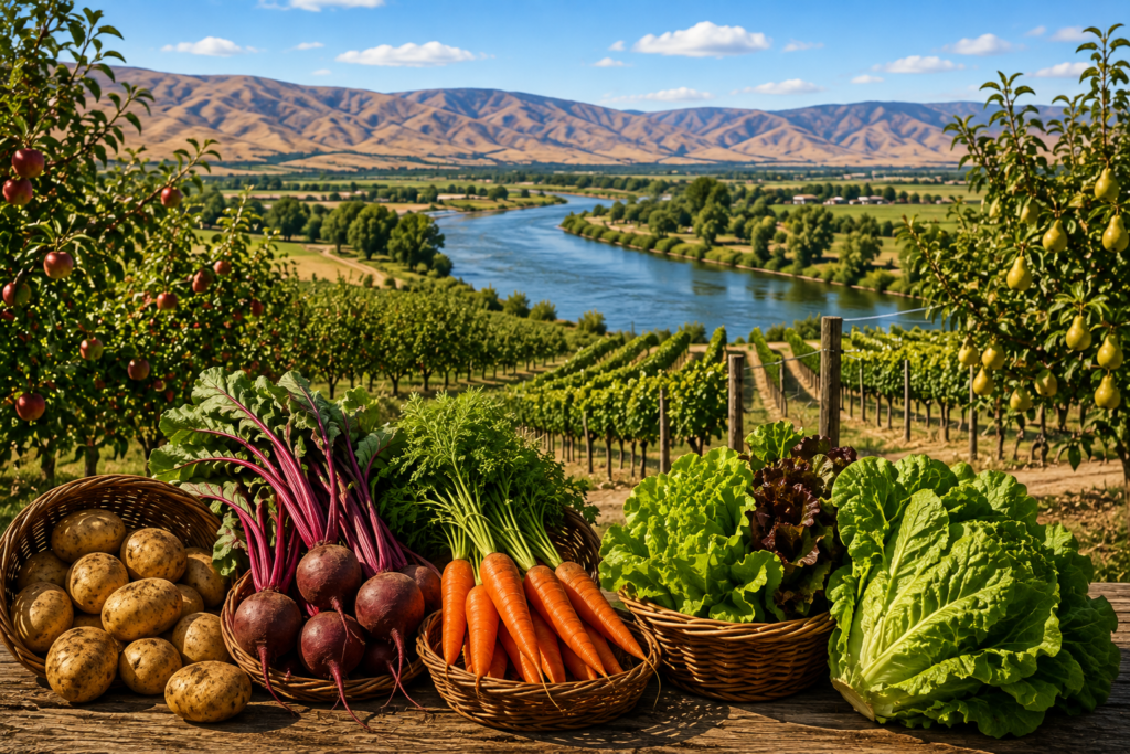 Marsing, Idaho farmland with vineyards, fruit trees, the Snake River, and baskets of potatoes, beets, carrots, and lettuce under a blue sky.