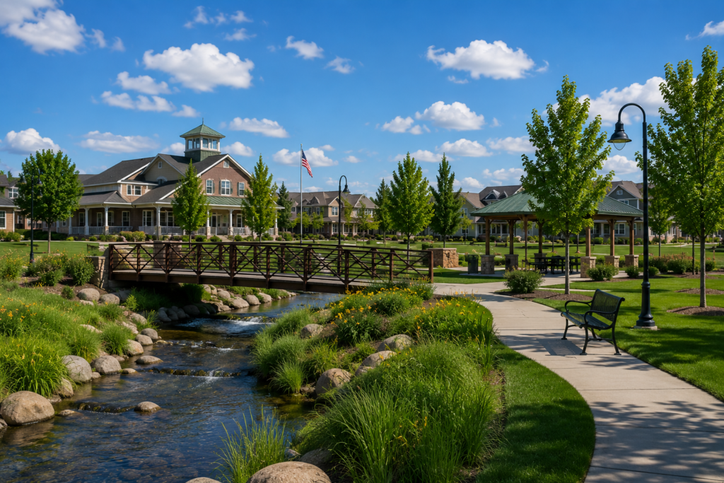 Sunny Middleton, Idaho park with a walking path, landscaped creek, footbridge, gazebo, trees, and green open space.