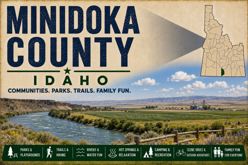 Minidoka County Idaho promotional image featuring the Snake River, irrigated farmland, high-desert hills, highlighted Minidoka County map, and family recreation icons.