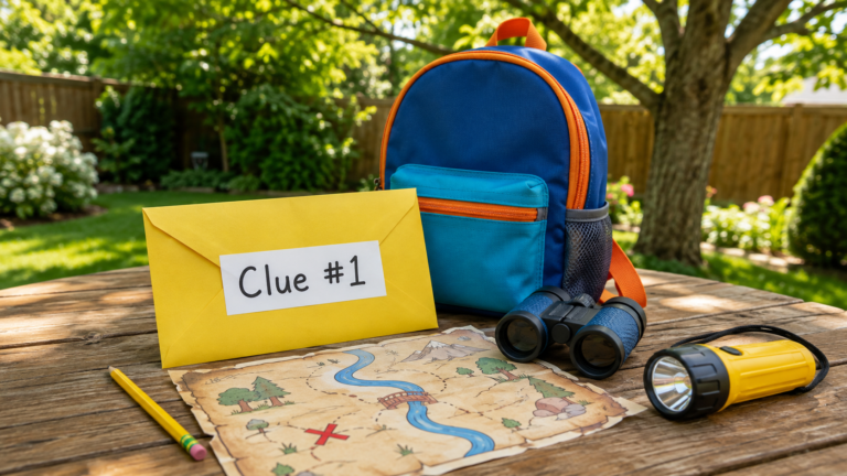 Yellow Clue #1 envelope beside a treasure map, backpack, binoculars, flashlight, and pencil on a backyard table