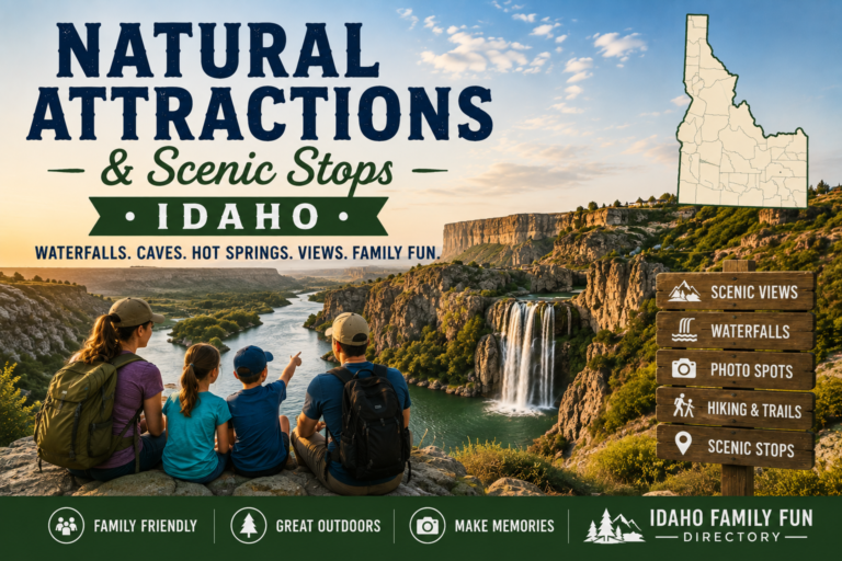 Family overlooking a scenic Idaho canyon, river, and waterfall with natural attractions, hiking, and scenic stops.