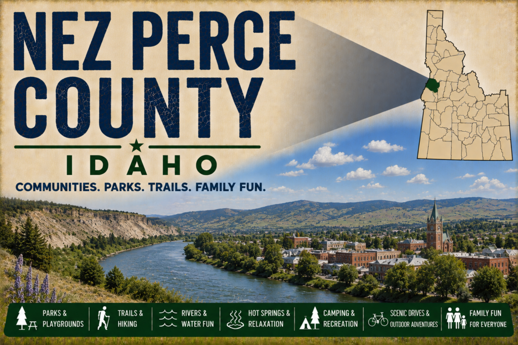 Nez Perce County Idaho promotional image featuring a scenic river, Lewiston-area community landscape, rolling hills, highlighted Nez Perce County map, and family recreation icons.