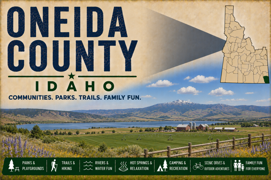 Oneida County Idaho promotional image featuring irrigated farmland, a reservoir, rural farm buildings, mountain views, highlighted Oneida County map, and family recreation icons.