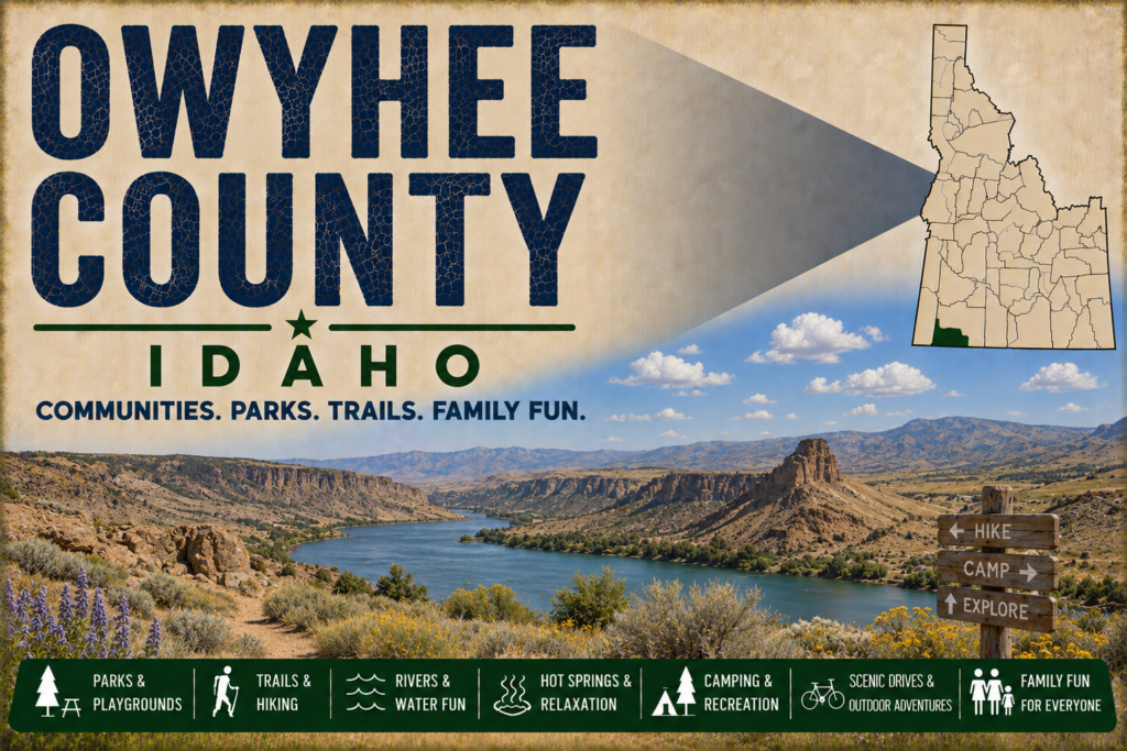 Owyhee County Idaho promotional image featuring dramatic high-desert canyon scenery, a reservoir, sagebrush terrain, highlighted Owyhee County map, and family recreation icons.