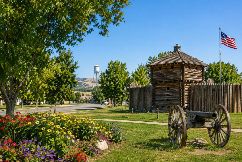 Old Fort Boise replica and historic cannon in a sunny Parma, Idaho park with colorful flowers, mature trees, and an American flag.