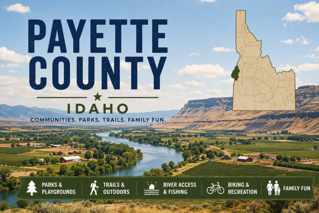 Payette County, Idaho landscape with farmland, river, rolling hills, bluffs, and outdoor recreation imagery