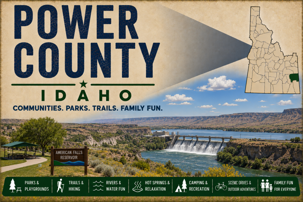Power County Idaho promotional image featuring American Falls Reservoir and dam, high-desert canyon scenery, highlighted Power County map, and family recreation icons.