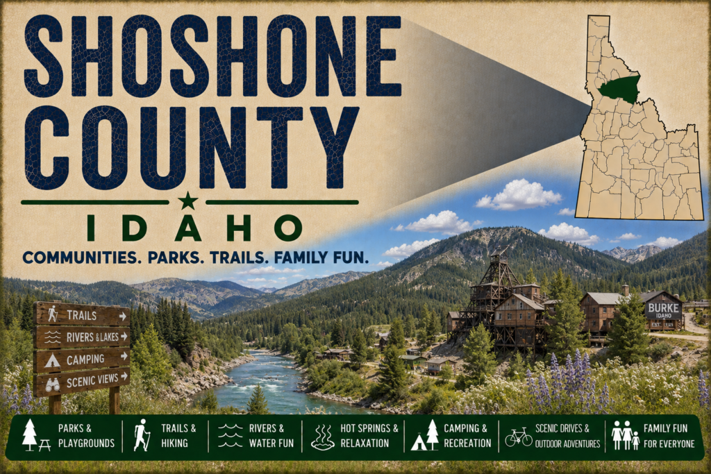Shoshone County Idaho promotional image featuring a forested mountain valley, river, historic Burke mining scenery, highlighted Shoshone County map, and family recreation icons.