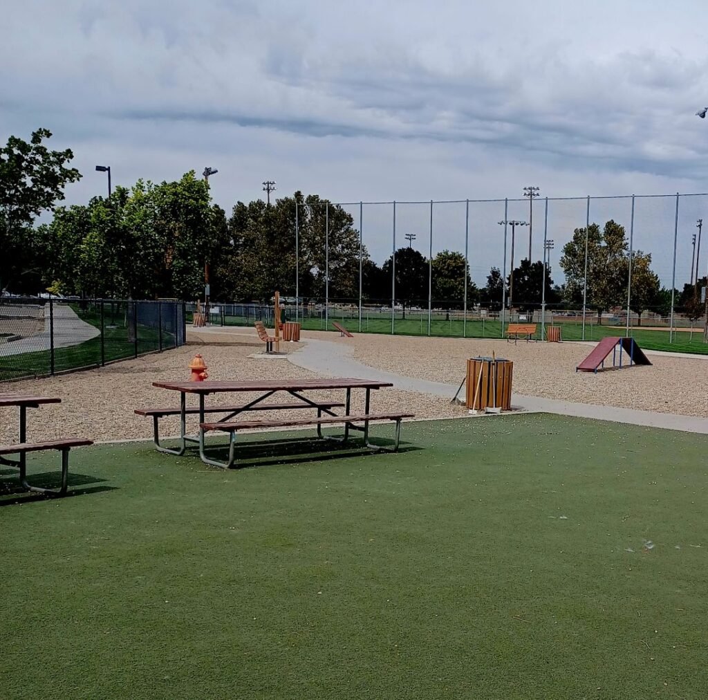 Storey Bark Park agility equipment and seating area in Meridian, Idaho.