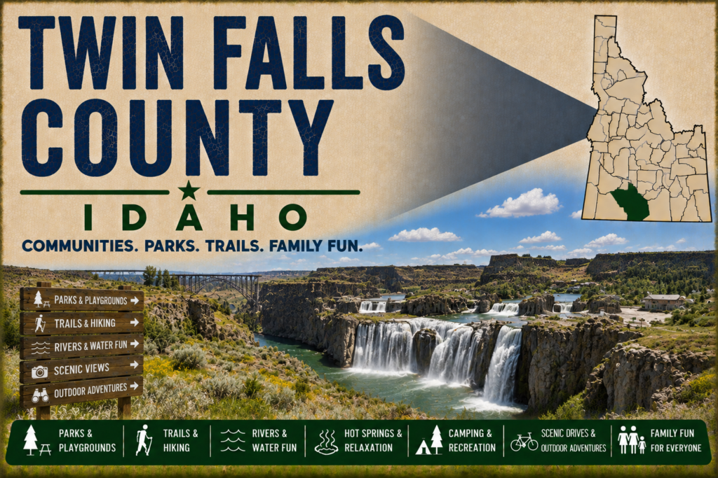 Twin Falls County Idaho promotional image featuring the Snake River Canyon, waterfalls, Perrine Bridge, highlighted Twin Falls County map, and family recreation icons.