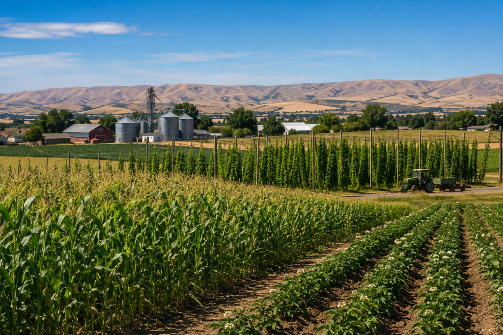 Wilder, Idaho farmland with corn, hop fields, potato crops, barns, grain silos, farm equipment, and rolling hills under a blue sky.