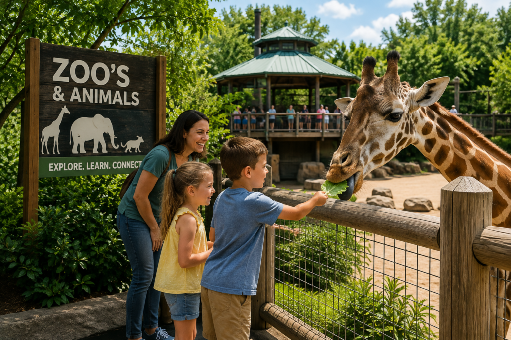 Family enjoying a giraffe encounter at a sunny, family-friendly zoo.