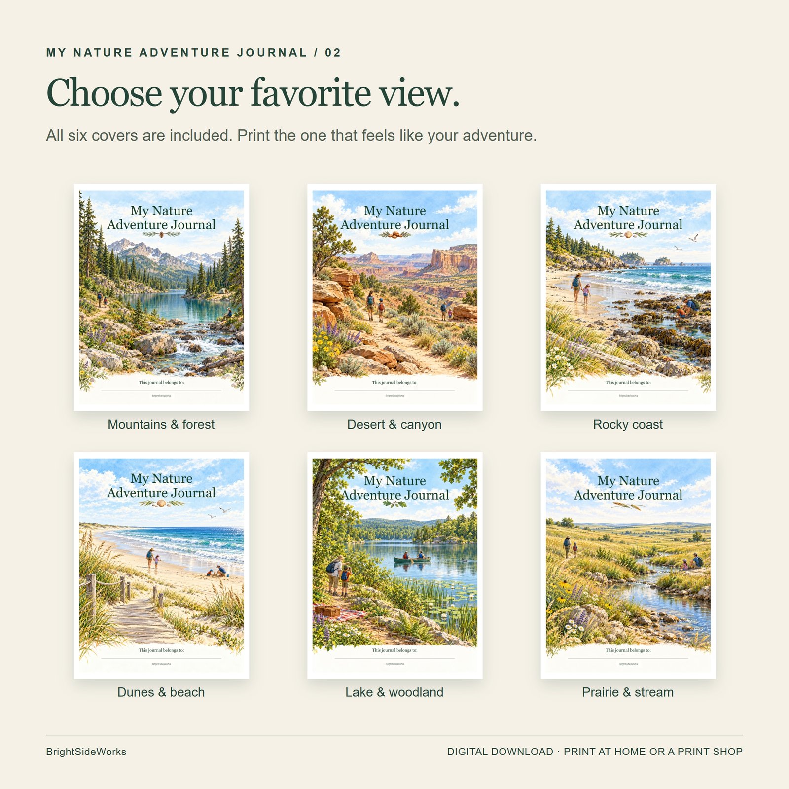 Choose your favorite view: six Nature Adventure Journal covers showing mountains and forest, desert and canyon, rocky coast, dunes and beach, lake and woodland, and prairie and stream.