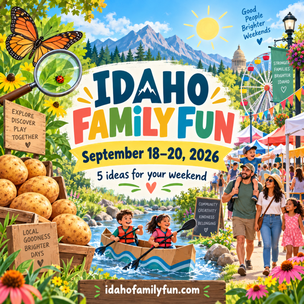 Bright illustrated Idaho family weekend guide for September 18-20, 2026, with a butterfly, fair tents, potatoes and a cardboard boat.