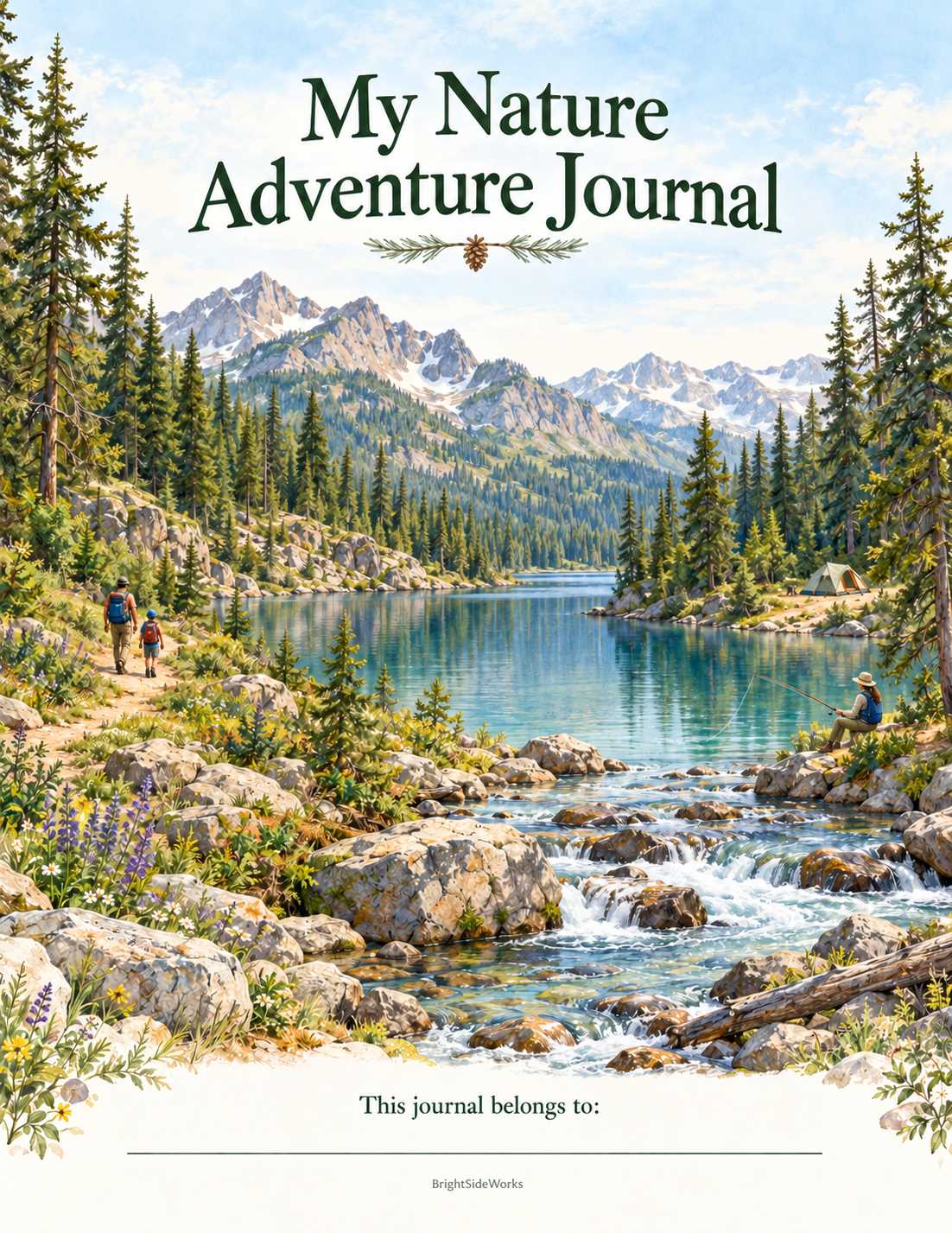 Mountains and forest Nature Adventure Journal cover with a lake, stream, hikers, a tent and a woman fishing.