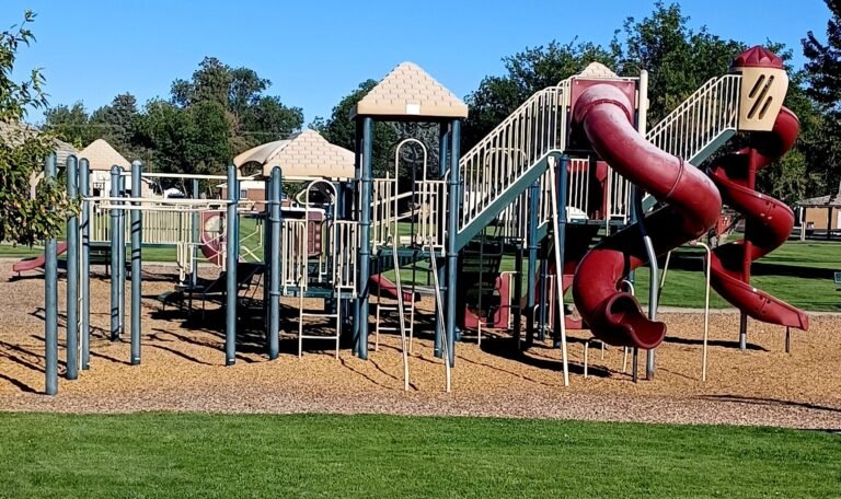 Playground structures and slides at Richard Aguirre Park Playground structures and slides at Richard Aguirre Park