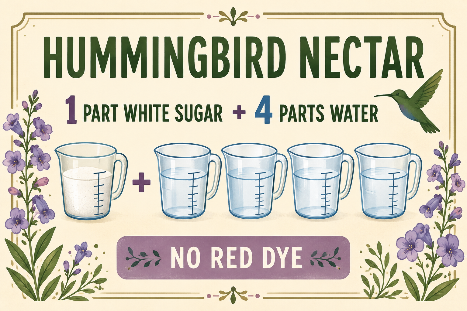 Hummingbird nectar recipe showing one part white sugar to four parts water, with no red dye.